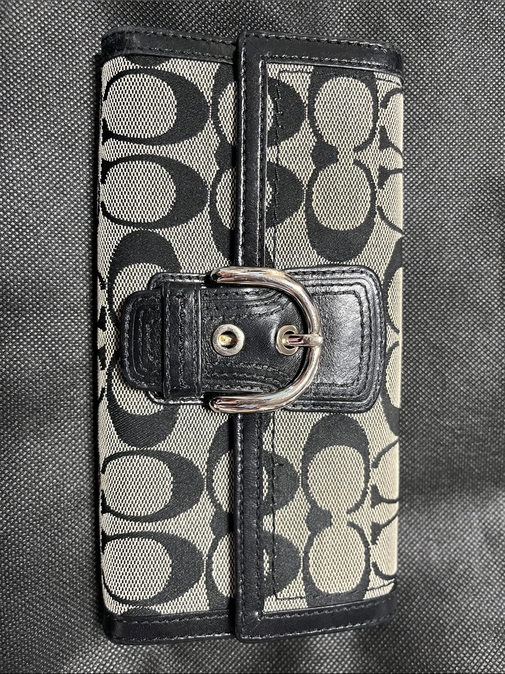 Coach Vintage Black Signature Jacquard Wallet w Silver Buckle Leather Detail EUC